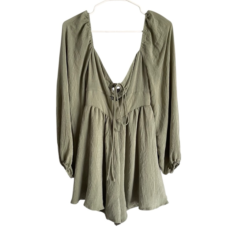 Princess Polly Balloon Sleeve Romper Sage Green Keyhole Tie V Neck Sz 8